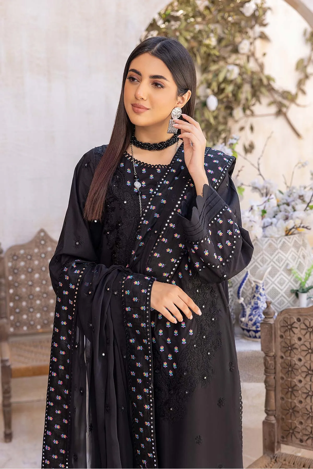 3-Pc Charizma Unstitched Premium Embroidered Lawn With Chiffon Dupatta RM23-02