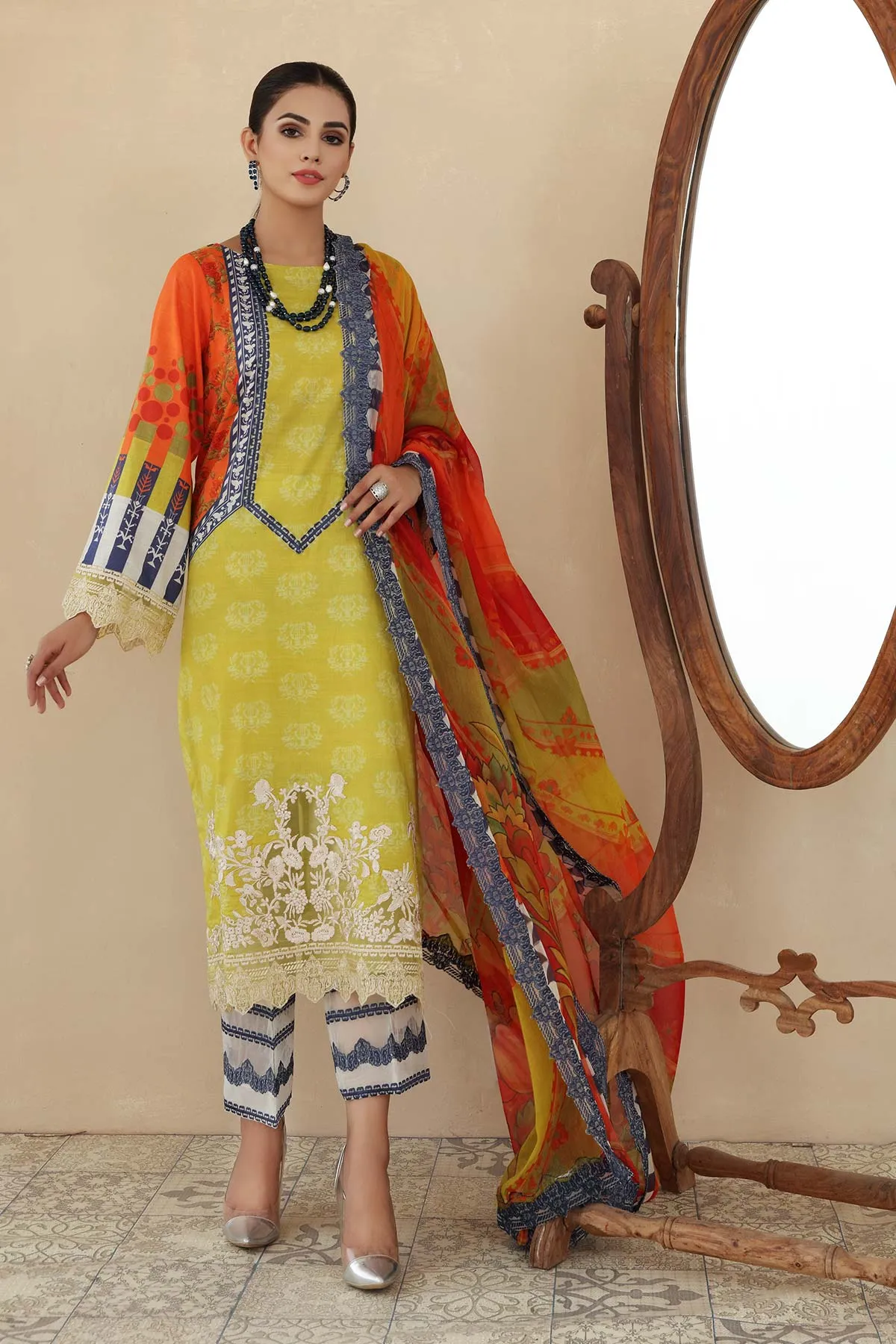 3 Pc Unstitched Embroidered Lawn With Chiffon Dupatta CEL-19