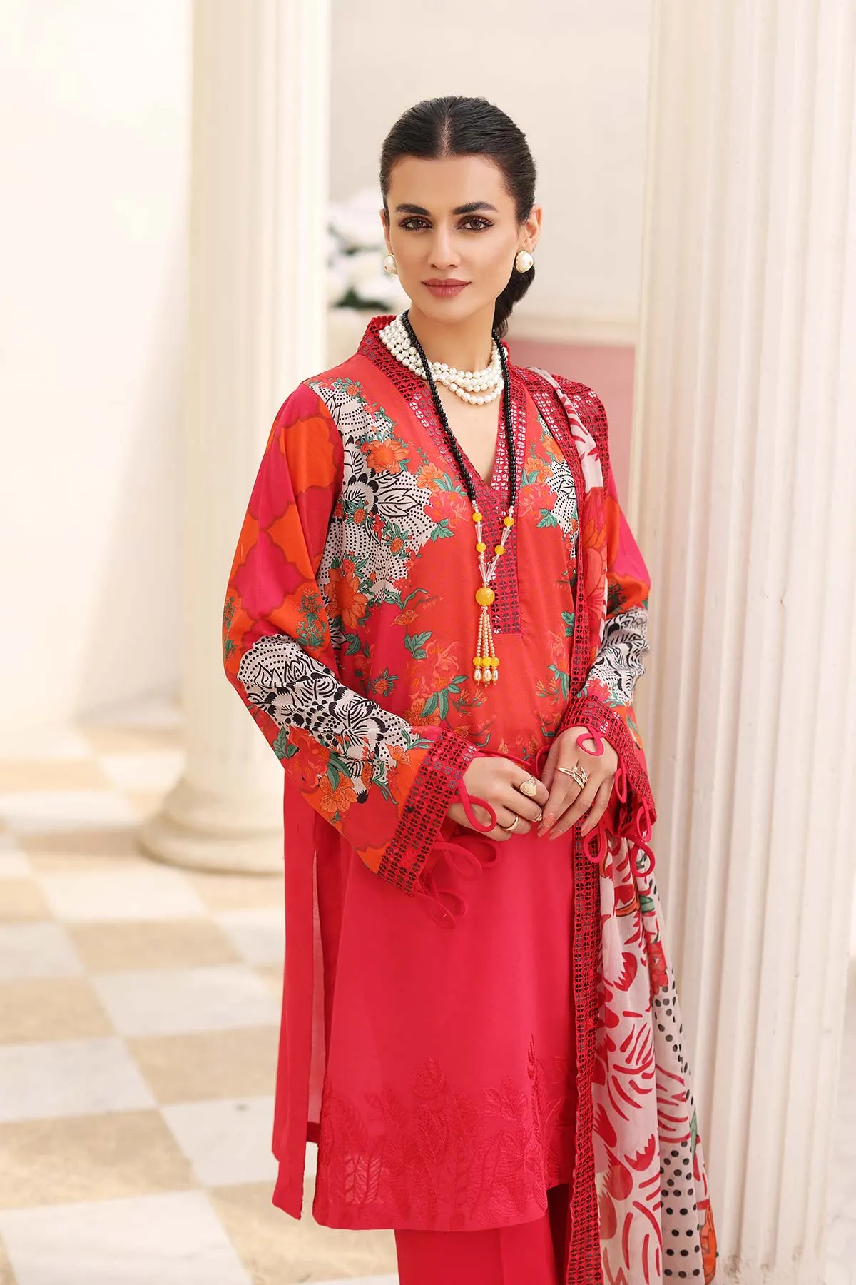 3 Pc Unstitched Embroidered Lawn With Chiffon Dupatta CEL23-18