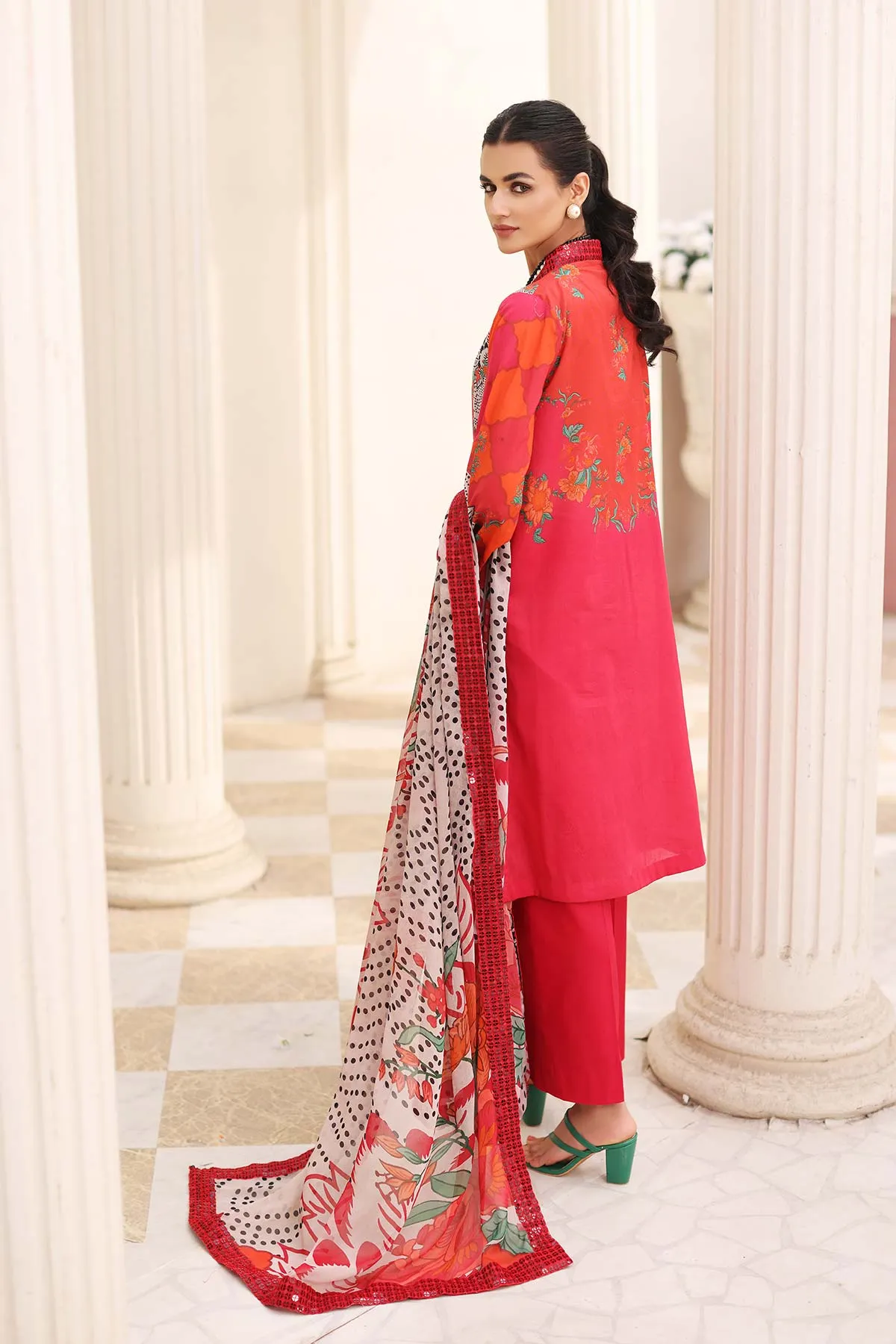 3 Pc Unstitched Embroidered Lawn With Chiffon Dupatta CEL23-18