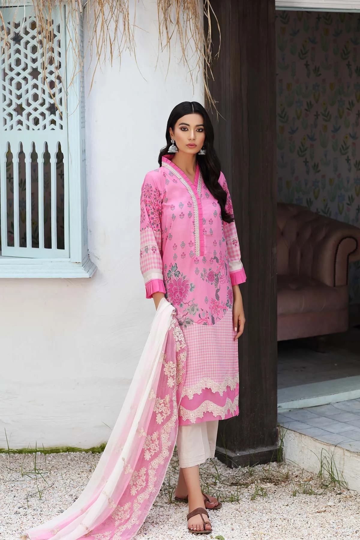 3-Pc Unstitched Embroidered Lawn With Chiffon Dupatta CN-15B