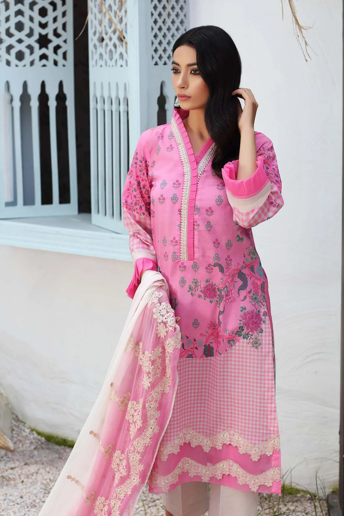 3-Pc Unstitched Embroidered Lawn With Chiffon Dupatta CN-15B