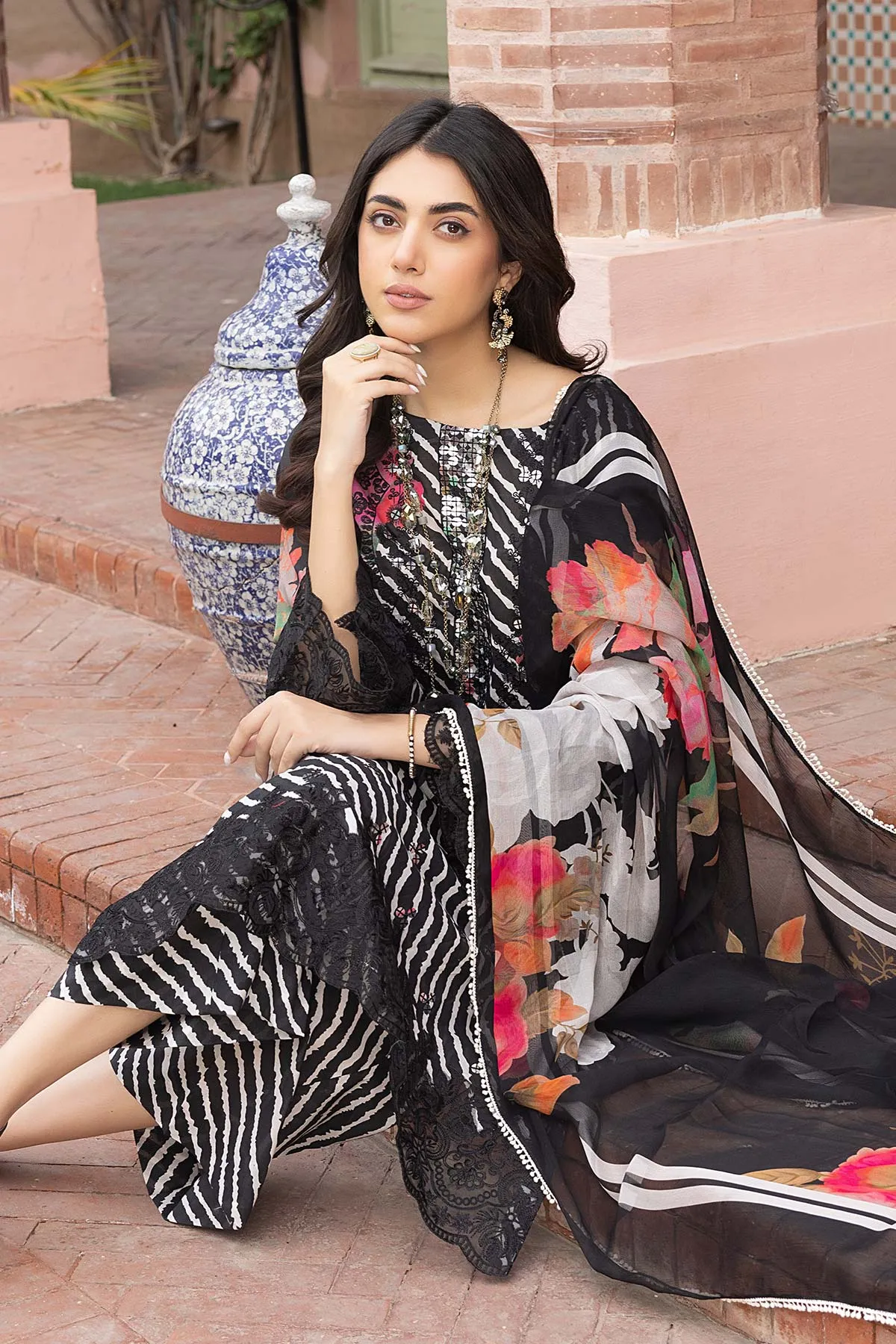 3-Pc Unstitched Printed Embroidered Lawn Suit With Embroidered Chiffon Dupatta CRB23-14B