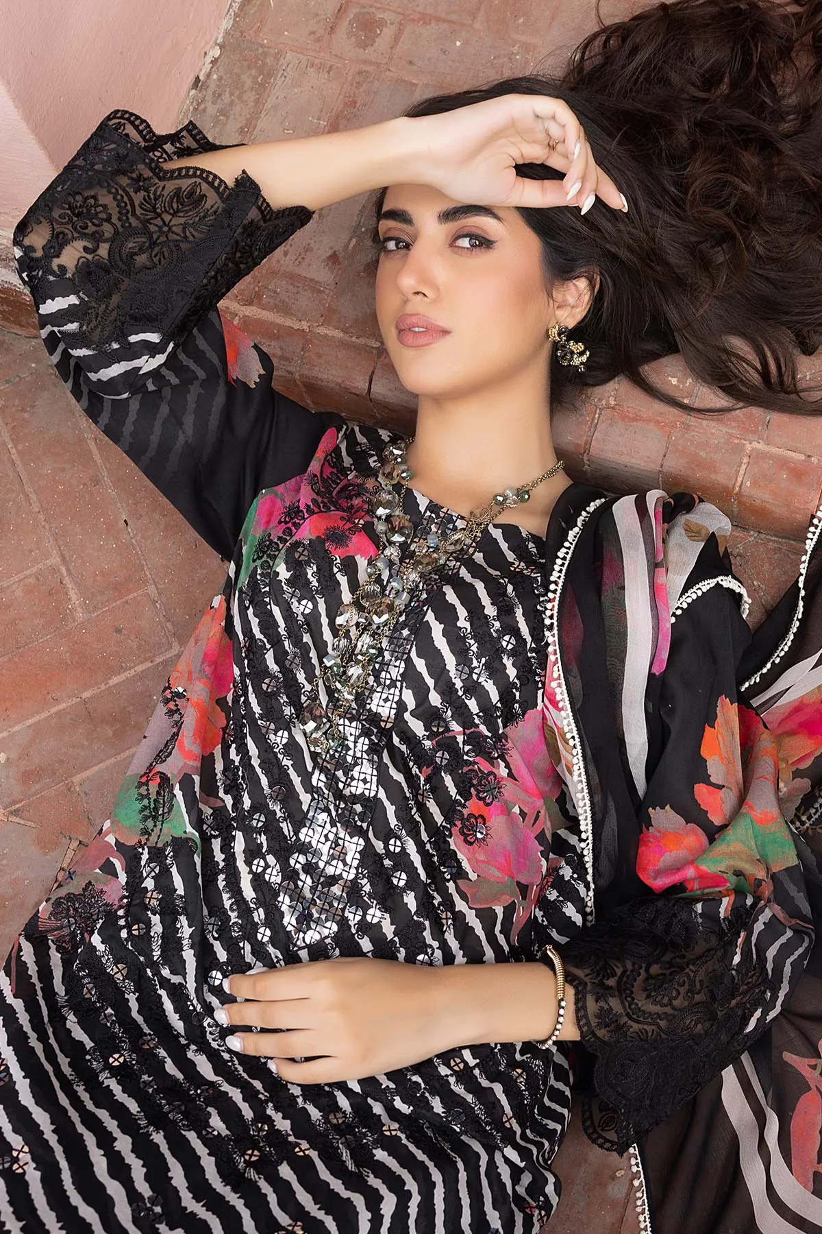 3-Pc Unstitched Printed Embroidered Lawn Suit With Embroidered Chiffon Dupatta CRB23-14B