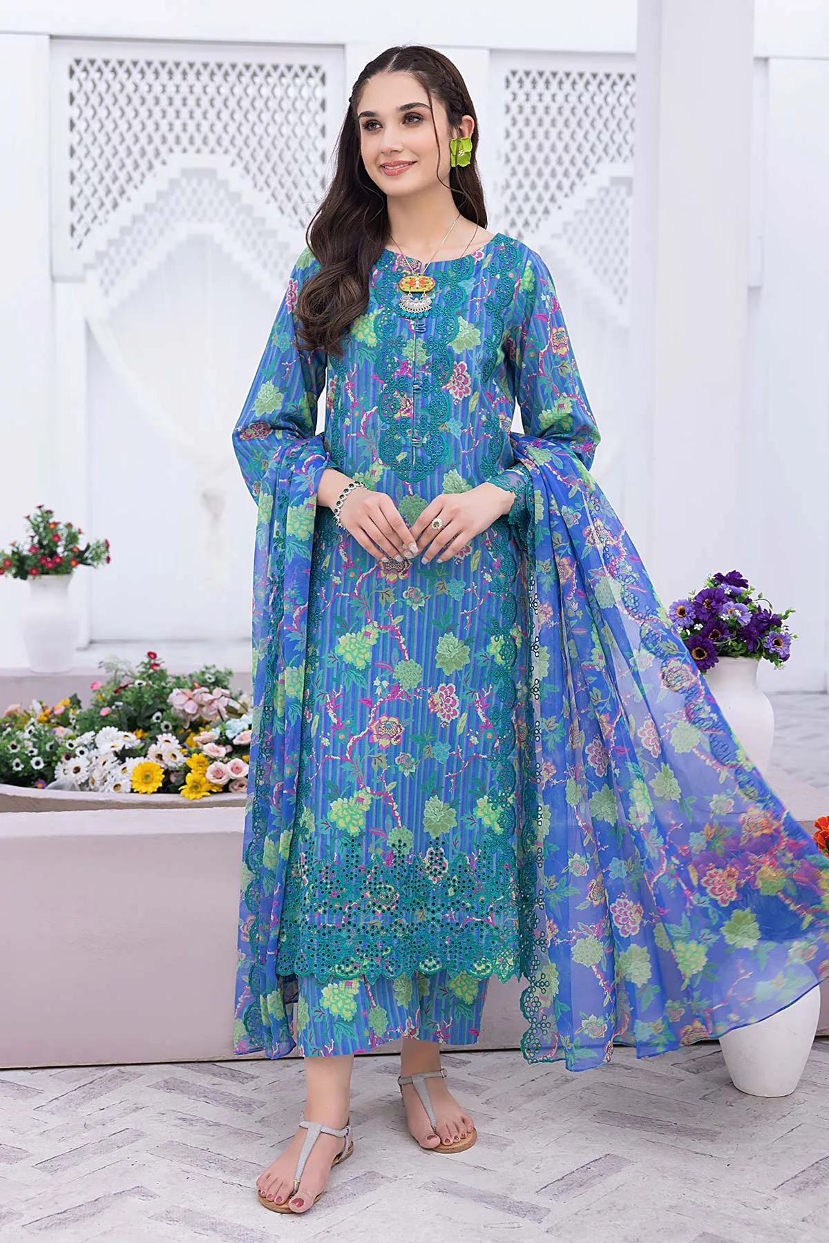 3-Pc Unstitched Printed Embroidered Lawn Suit With Embroidered Chiffon Dupatta CRB23-17