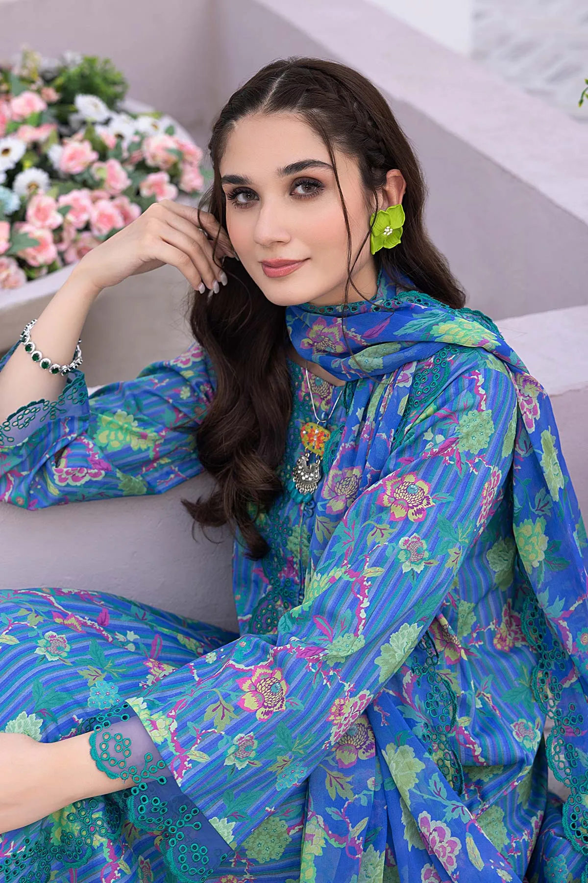 3-Pc Unstitched Printed Embroidered Lawn Suit With Embroidered Chiffon Dupatta CRB23-17