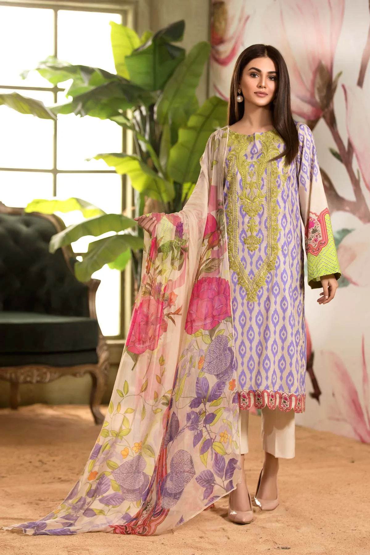 3-piece Unstitched Embroidered Lawn with Chiffon Dupatta CC-07