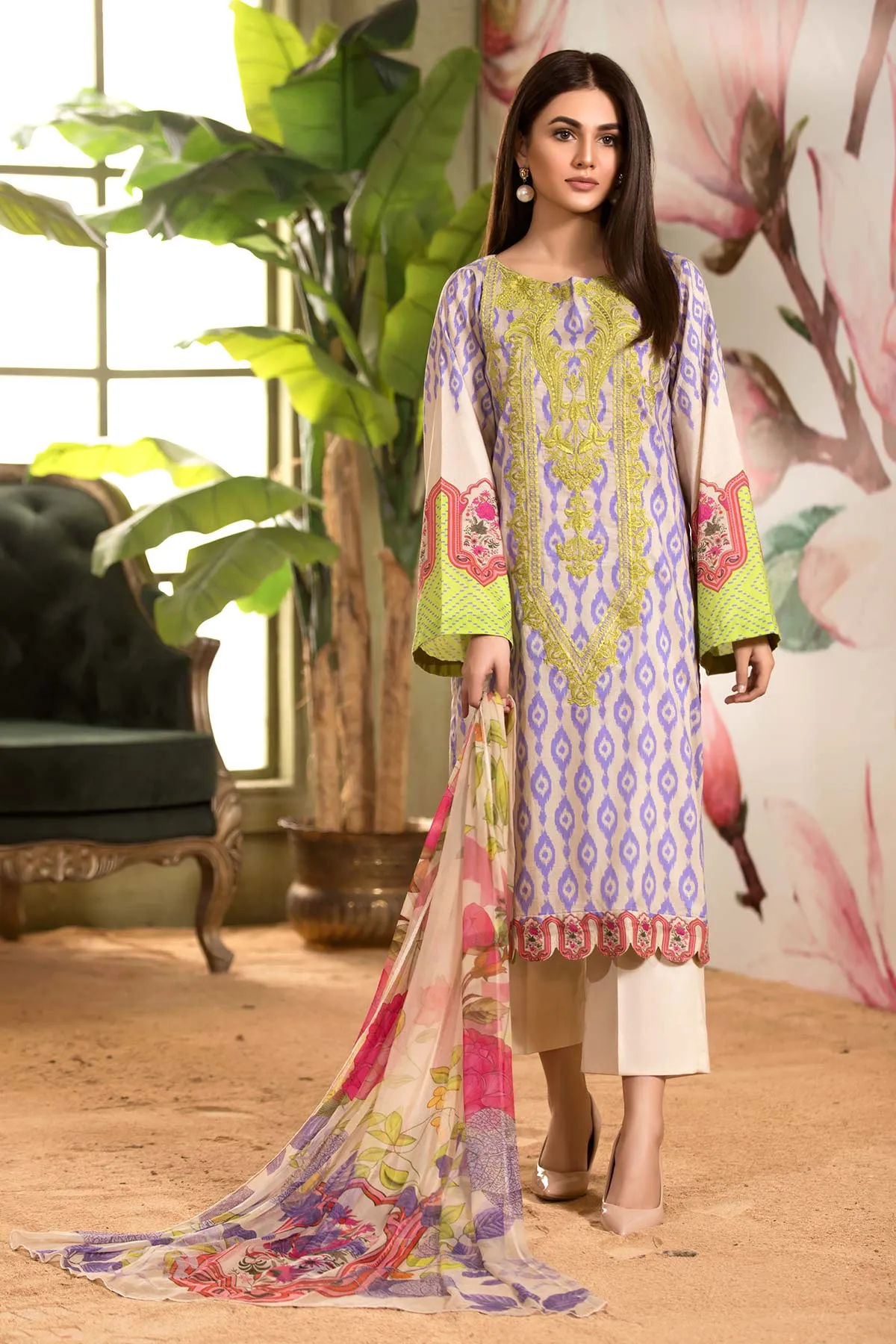 3-piece Unstitched Embroidered Lawn with Chiffon Dupatta CC-07