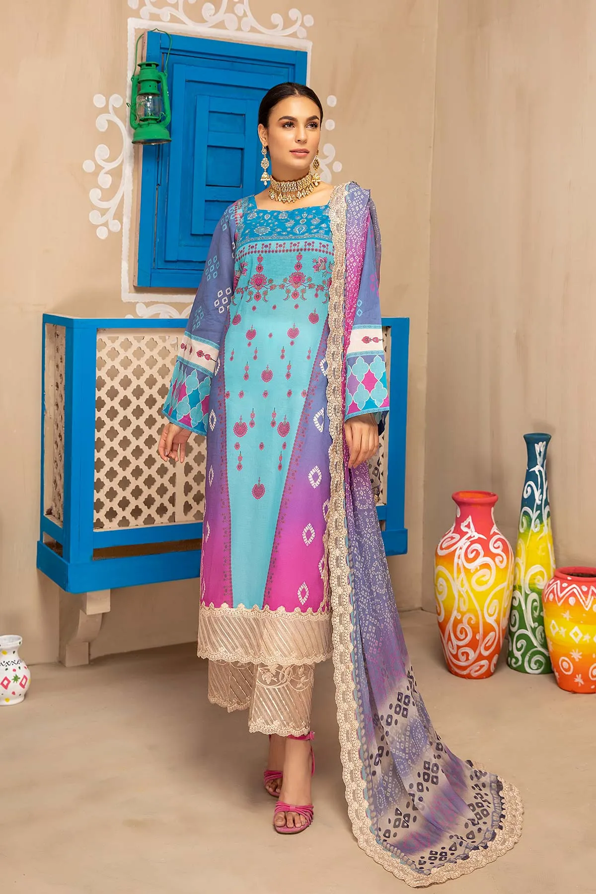 3-piece Unstitched Embroidered Lawn With Chiffon Dupatta CHN-10