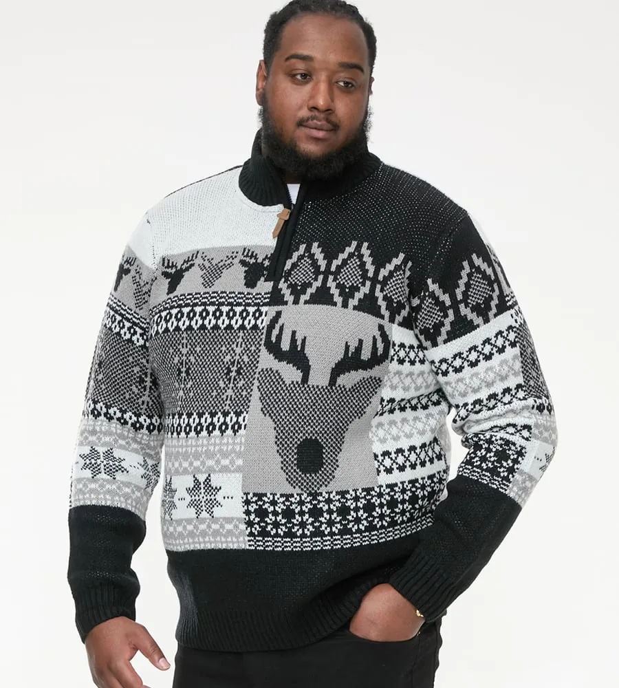 D555 Big Mens Christmas Jumper With 1/4 Zip and Stag Design (ICICLE)