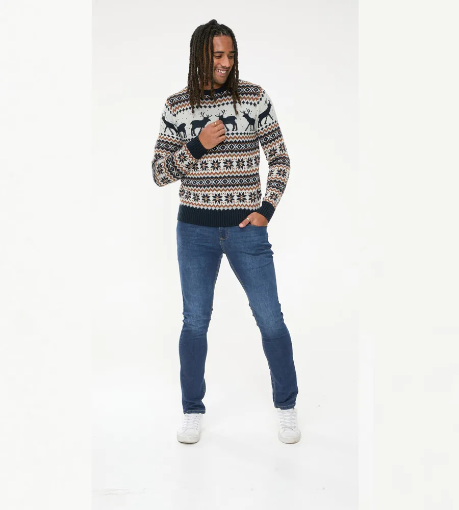 D555 Mens Christmas Jumper With Reindeer Design (ANTLER)