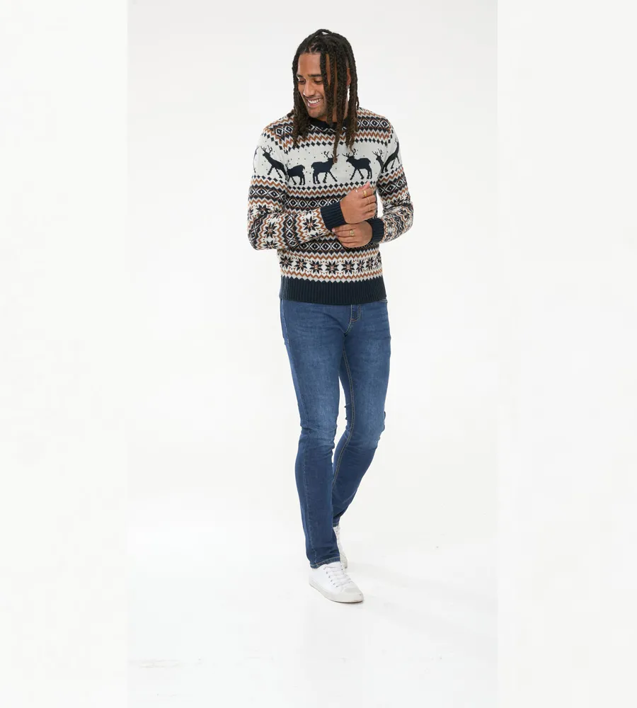 D555 Mens Christmas Jumper With Reindeer Design (ANTLER)