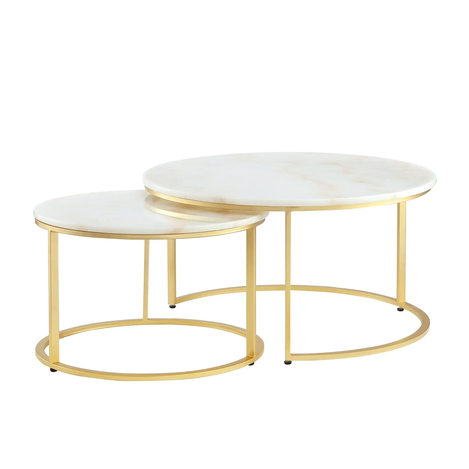 Set of Two 31 White And Gold Genuine Marble And Iron Round Nested Coffee Tables