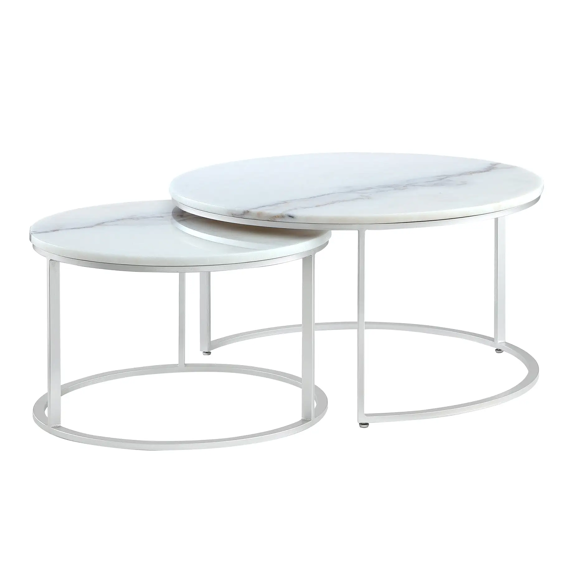 Set of Two 31 White And Gold Genuine Marble And Iron Round Nested Coffee Tables