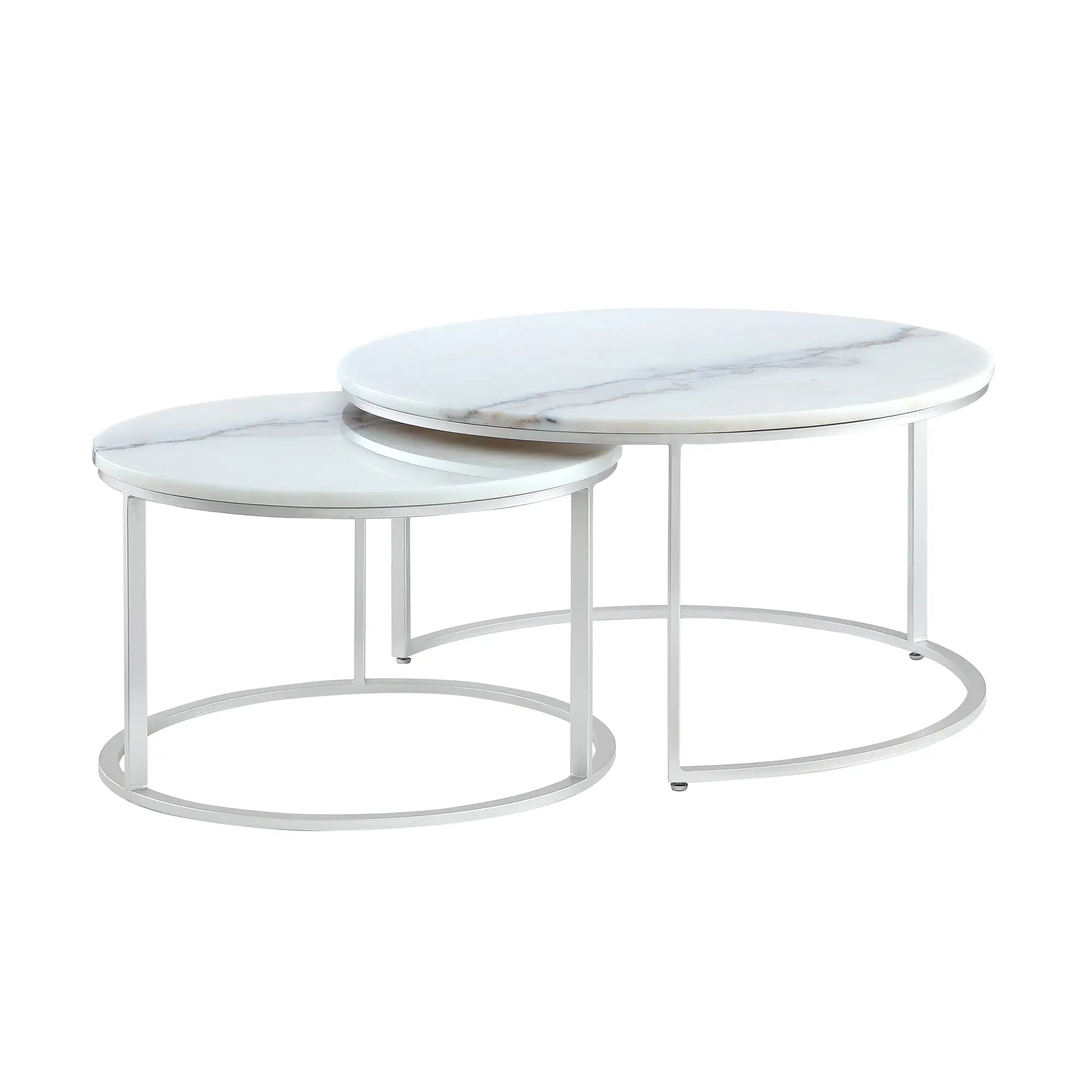 Set of Two 31 White And Gold Genuine Marble And Iron Round Nested Coffee Tables