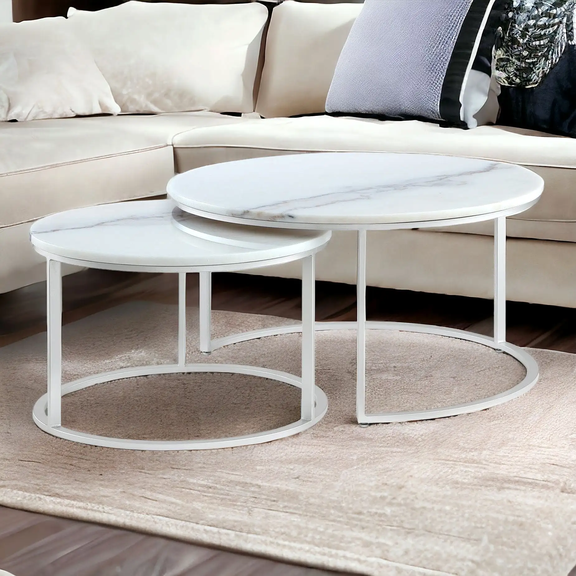 Set of Two 31 White And Gold Genuine Marble And Iron Round Nested Coffee Tables