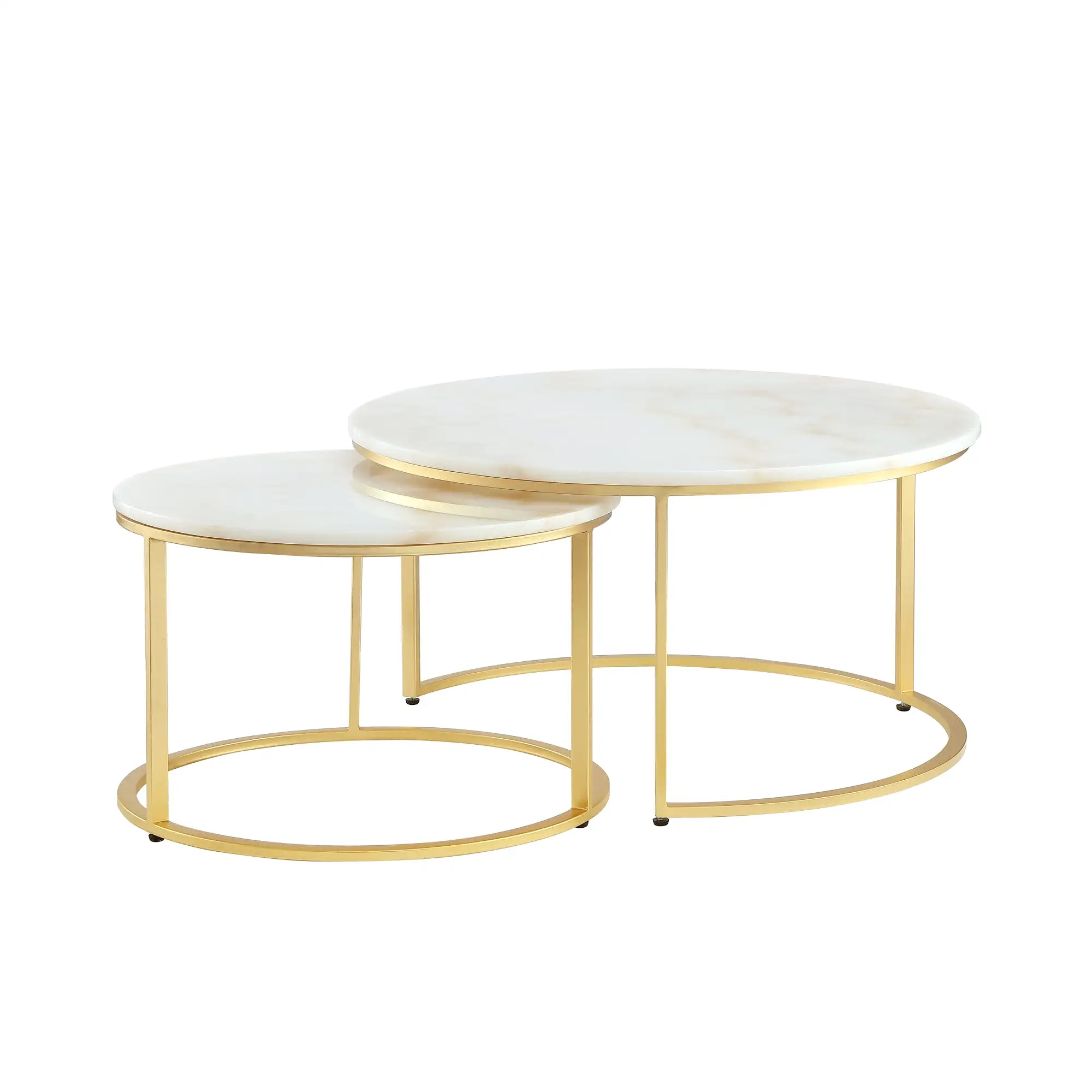 Set of Two 31 White And Gold Genuine Marble And Iron Round Nested Coffee Tables