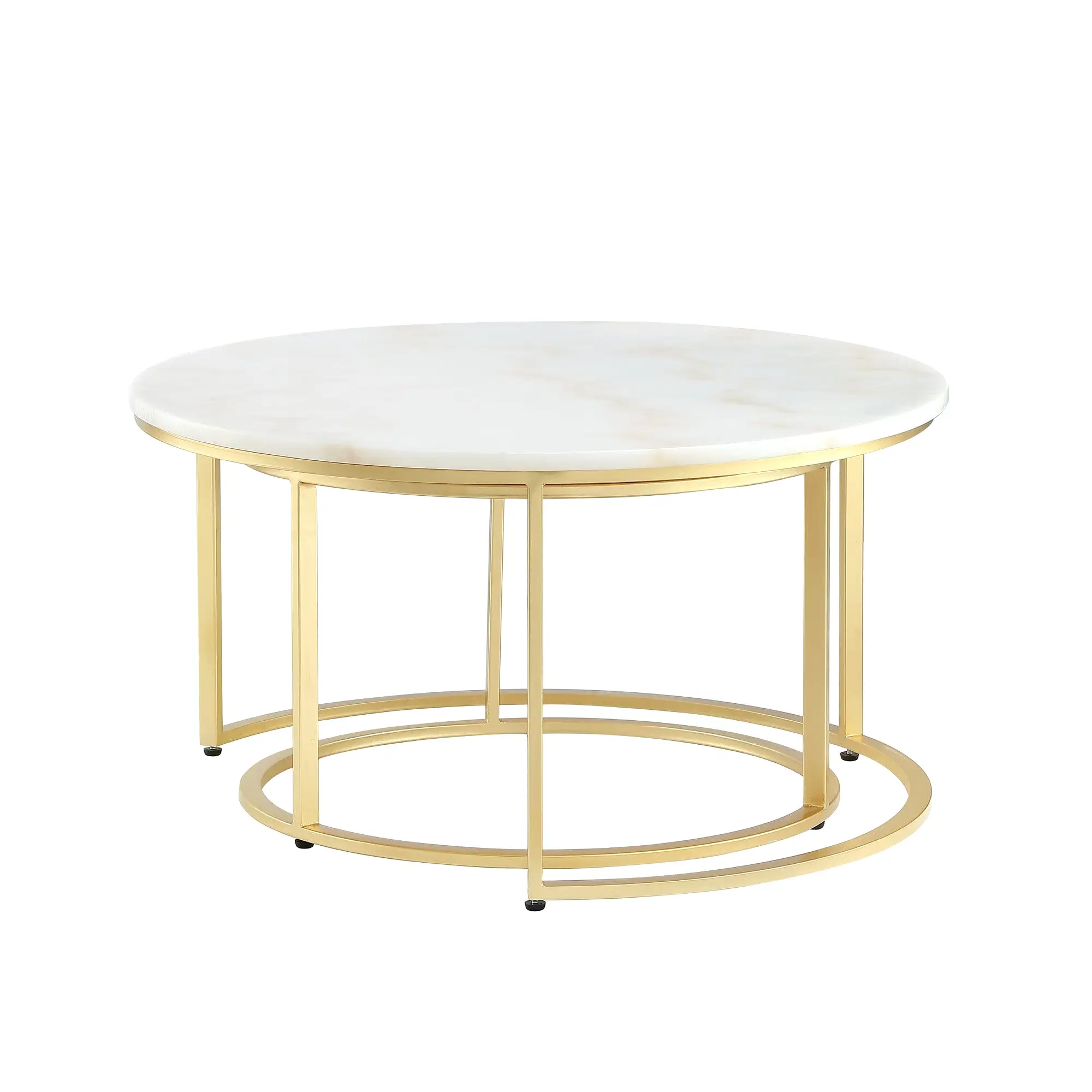 Set of Two 31 White And Gold Genuine Marble And Iron Round Nested Coffee Tables