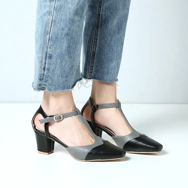 Women's Bicolor Pointed Toe T Strap Block Chunky Heel Sandals