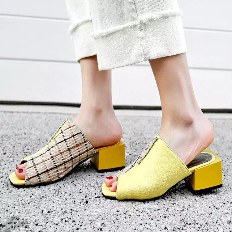 Women's Bicolor Square Toe Block Chunky Heel Slides Sandals