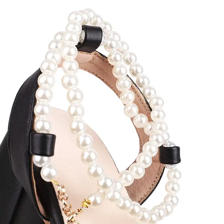 Women's Crossed Straps Pearls Beads Block Chunky Heel Sandals