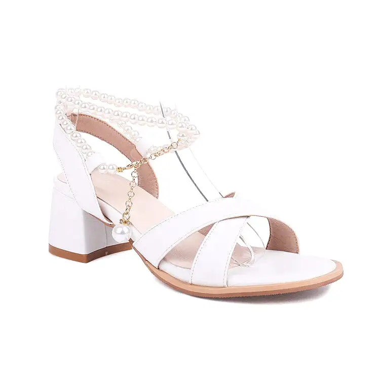 Women's Crossed Straps Pearls Beads Block Chunky Heel Sandals