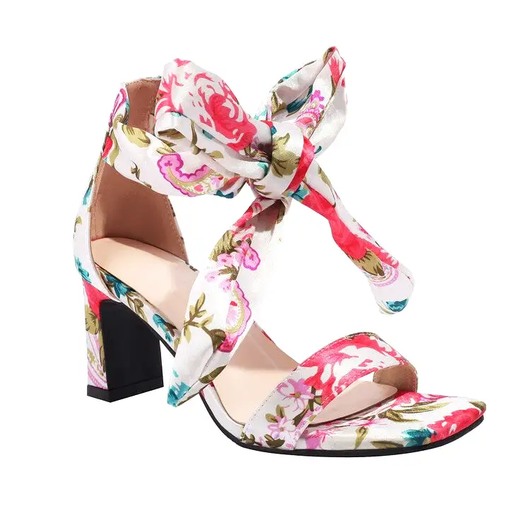 Women's Ethnic Ribbons Bow Tie Square Toe Block Heel Sandals