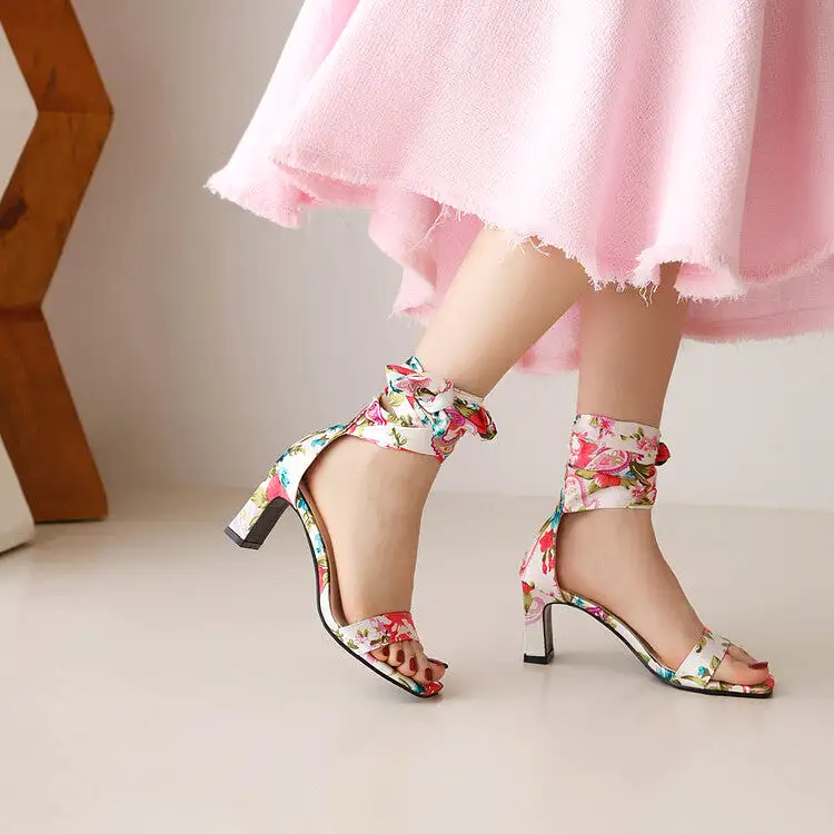 Women's Ethnic Ribbons Bow Tie Square Toe Block Heel Sandals