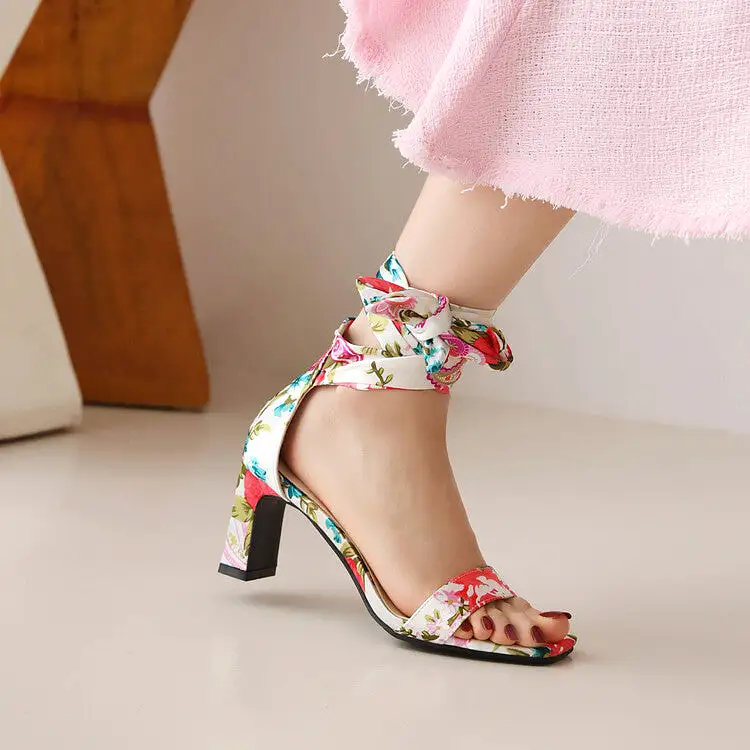 Women's Ethnic Ribbons Bow Tie Square Toe Block Heel Sandals