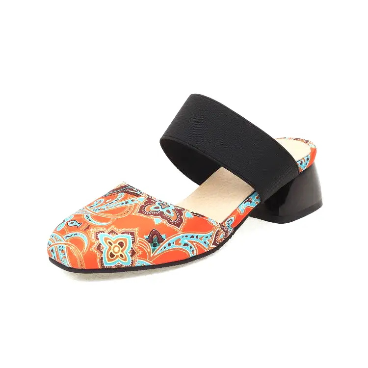 Women's Ethnic Stretch Block Chunky Heel Slides