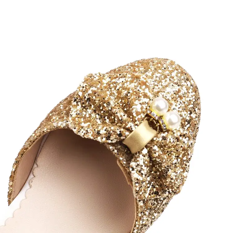 Women's Glittery Sequins Round Toe Bow Tie Block Chunky Heel Sandals