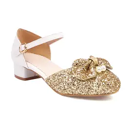 Women's Glittery Sequins Round Toe Bow Tie Block Chunky Heel Sandals