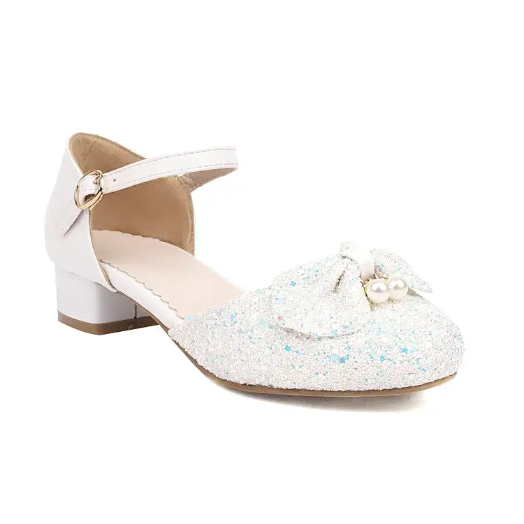 Women's Glittery Sequins Round Toe Bow Tie Block Chunky Heel Sandals