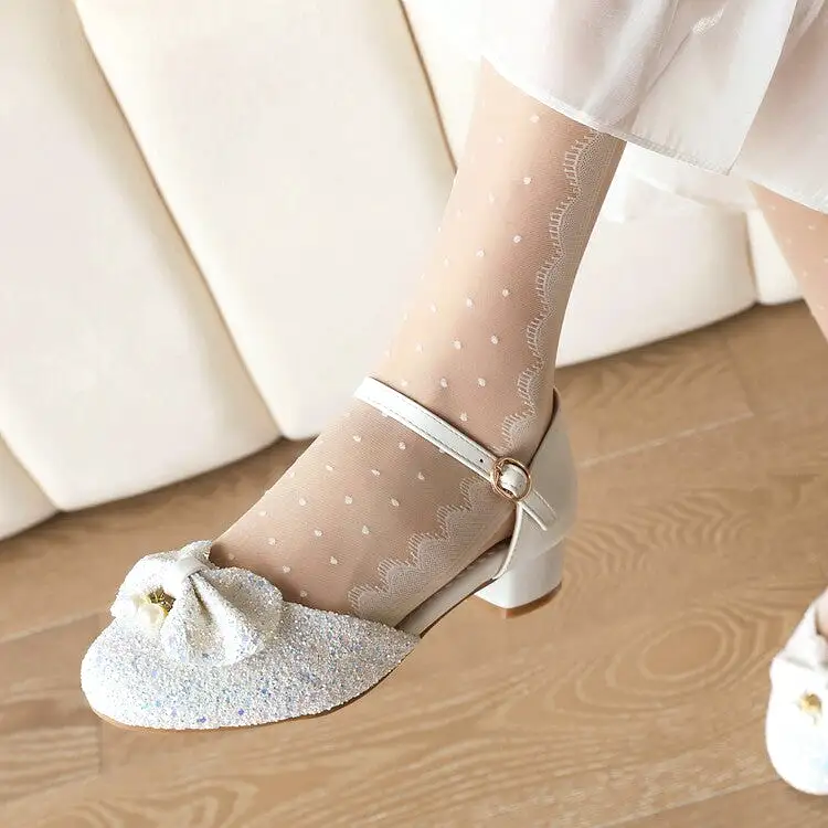 Women's Glittery Sequins Round Toe Bow Tie Block Chunky Heel Sandals