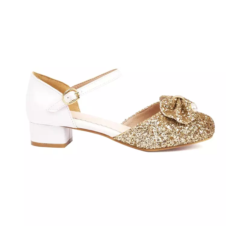 Women's Glittery Sequins Round Toe Bow Tie Block Chunky Heel Sandals