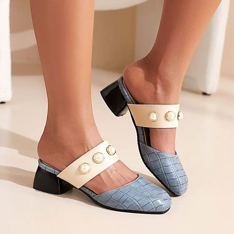 Women's Lattice Pearls Block Chunky Heel Slides