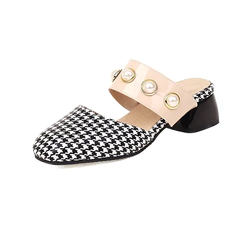 Women's Lattice Pearls Block Chunky Heel Slides