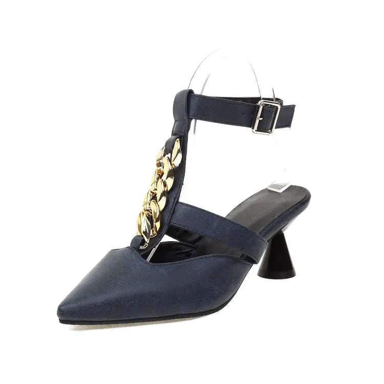 Women's Metal Chains Pointed Toe Buckle Straps Spool Heel Sandals