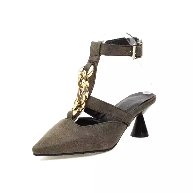 Women's Metal Chains Pointed Toe Buckle Straps Spool Heel Sandals