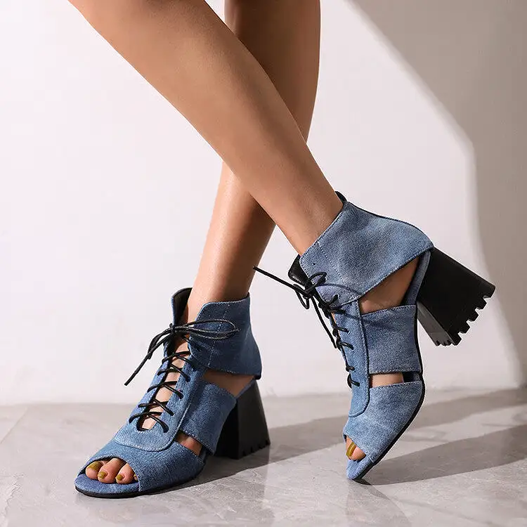 Women's Open Toe Lace-Up Cutout Block Chunky Heel Sandals