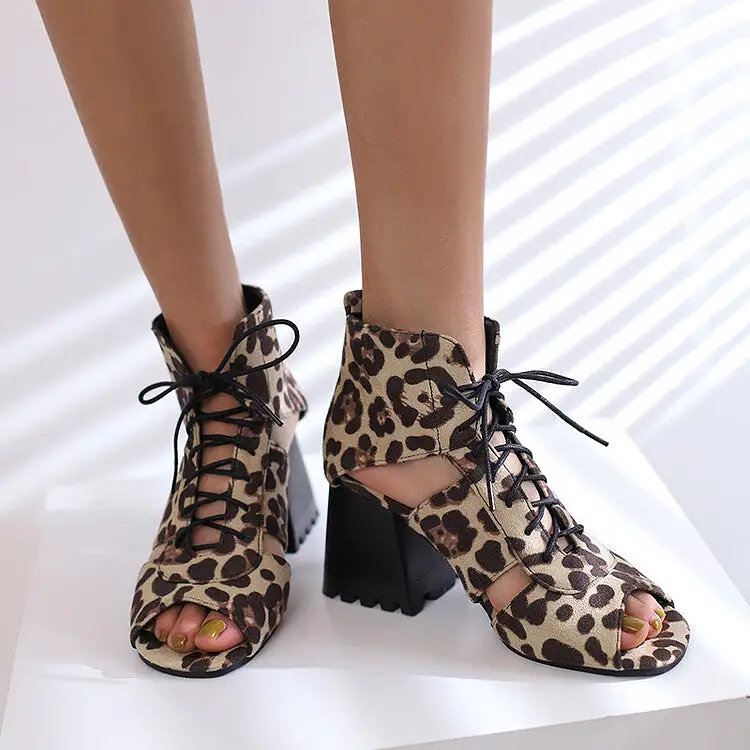 Women's Open Toe Lace-Up Cutout Block Chunky Heel Sandals