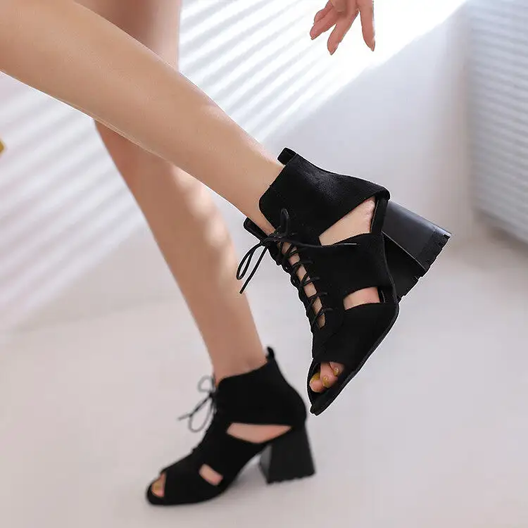 Women's Open Toe Lace-Up Cutout Block Chunky Heel Sandals