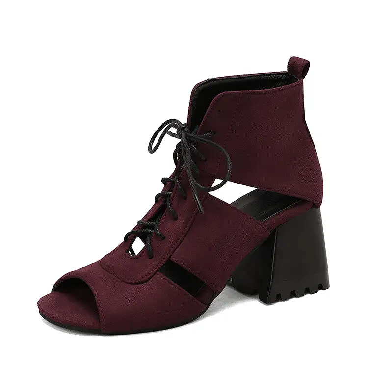 Women's Open Toe Lace-Up Cutout Block Chunky Heel Sandals