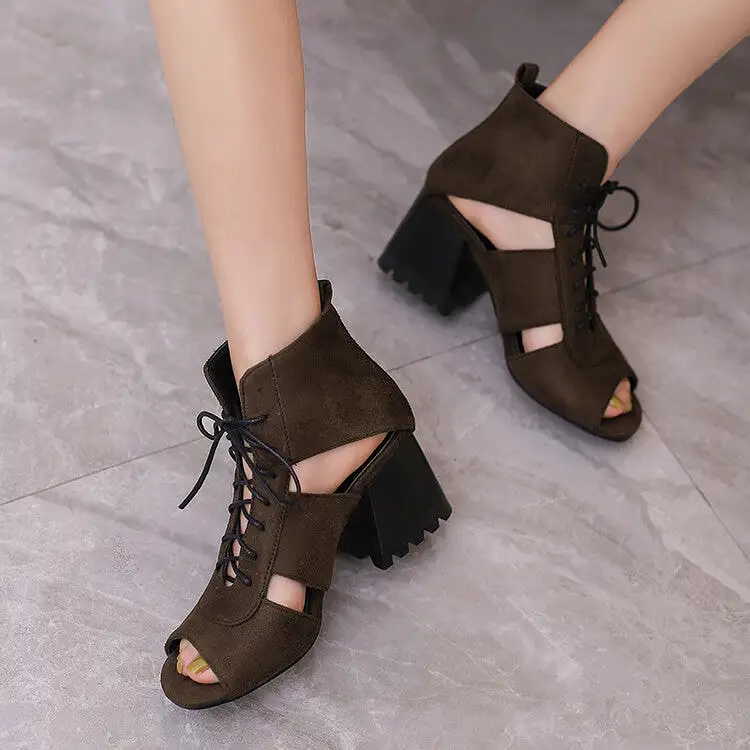 Women's Open Toe Lace-Up Cutout Block Chunky Heel Sandals