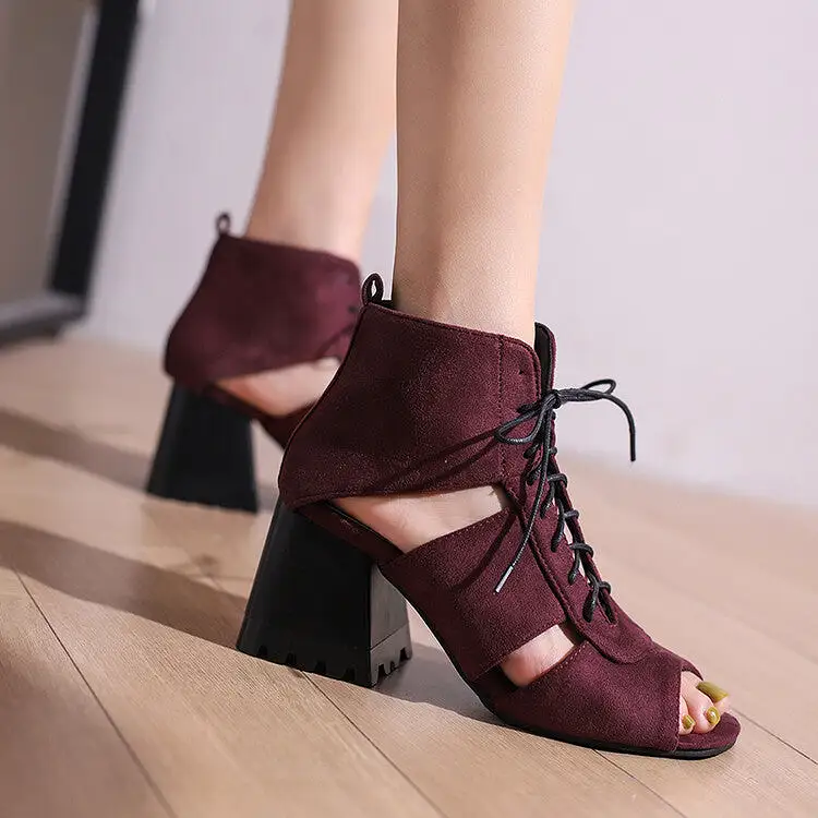 Women's Open Toe Lace-Up Cutout Block Chunky Heel Sandals