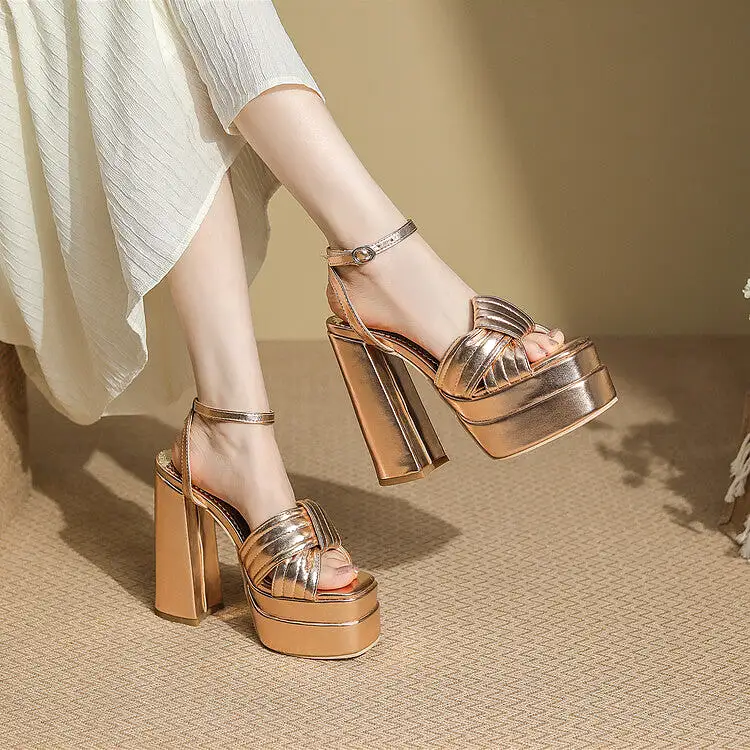 Women's Patent Roman Gladiator Block Chunky Heel Platform Sandals