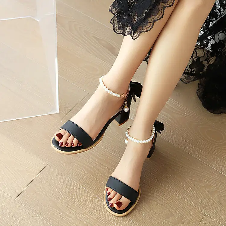 Women's Pearls Beads Ankle Strap Block Chunky Heel Sandals