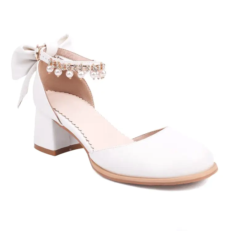 Women's Pearls Tassel Ankle Strap Block Chunky Heel Sandals