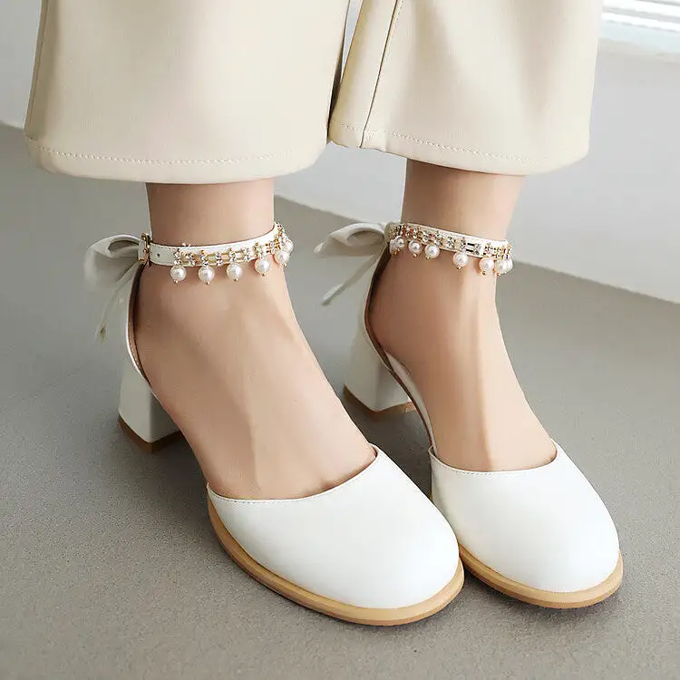 Women's Pearls Tassel Ankle Strap Block Chunky Heel Sandals