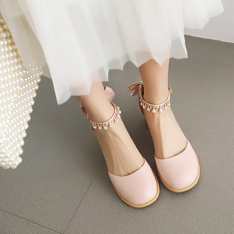 Women's Pearls Tassel Ankle Strap Block Chunky Heel Sandals